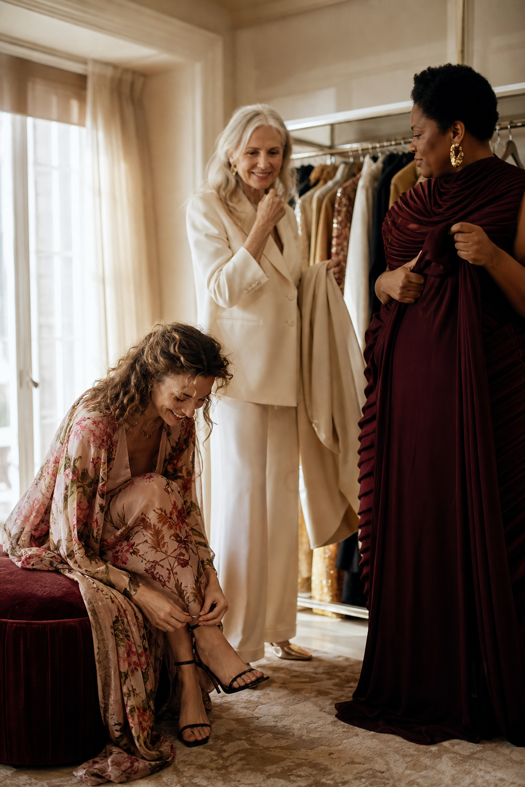 Three women of different ages and styles getting dressed together